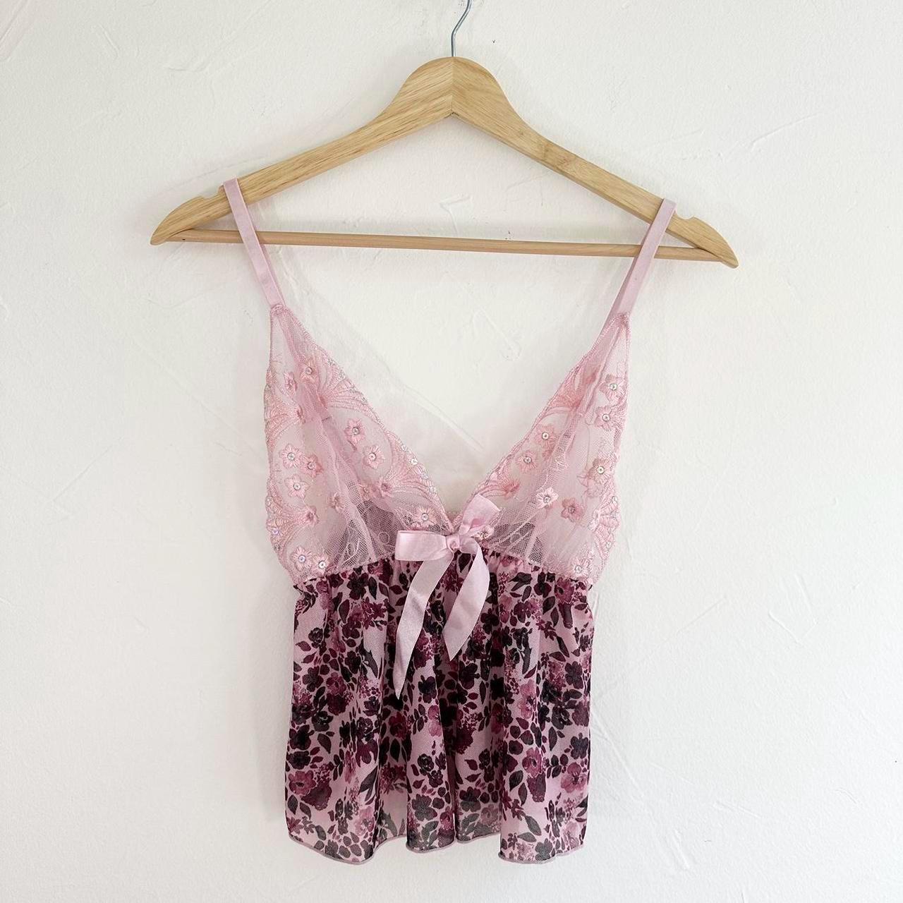 Y2K Pink Floral Lace Cropped Lingerie Babydoll Tank Top Cami Size