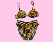 Vintage 90s Navy Blue Yellow Orange Floral Sunflower Two Piece High Leg Bikini Swimsuit Size Small
