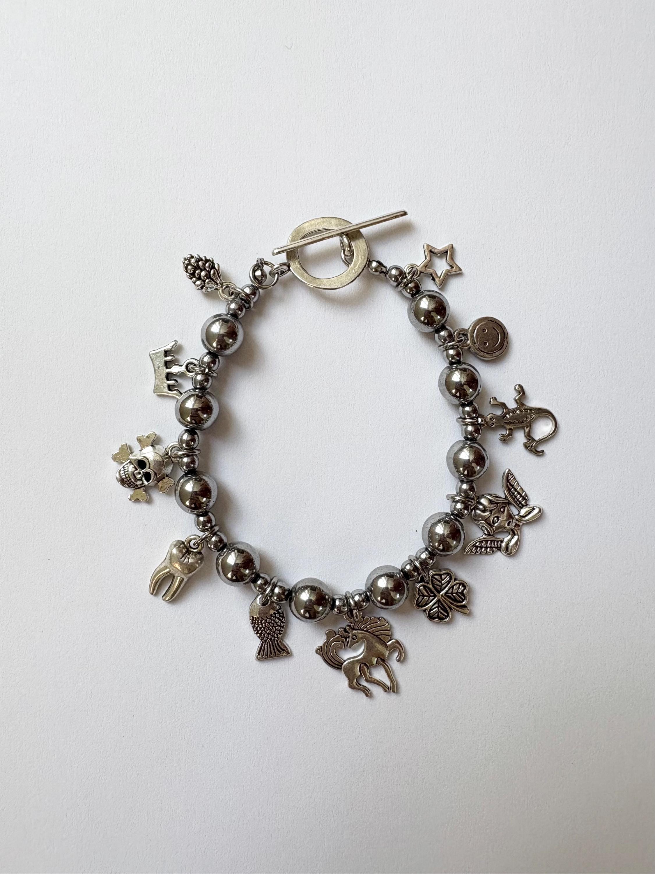 Hematite beaded bracelet, silver charm bracelet, chunky silver bracelet, non tarnish beaded bracelet, silver beaded bracelet, vintage charm