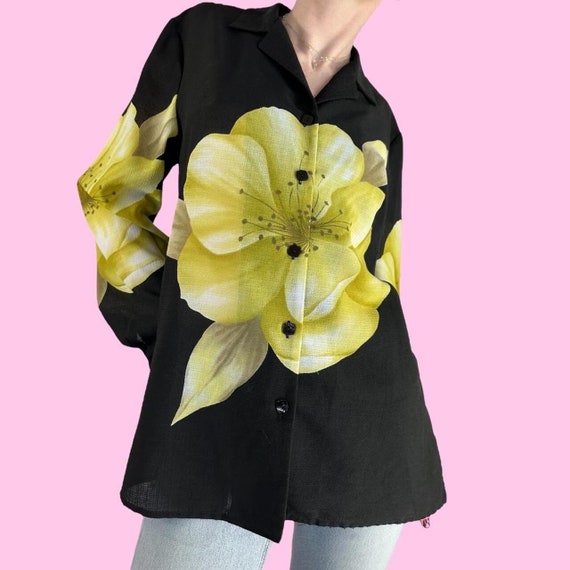 Vintage 90s Black Floral Semi Sheer Blouse Shirt … - image 1