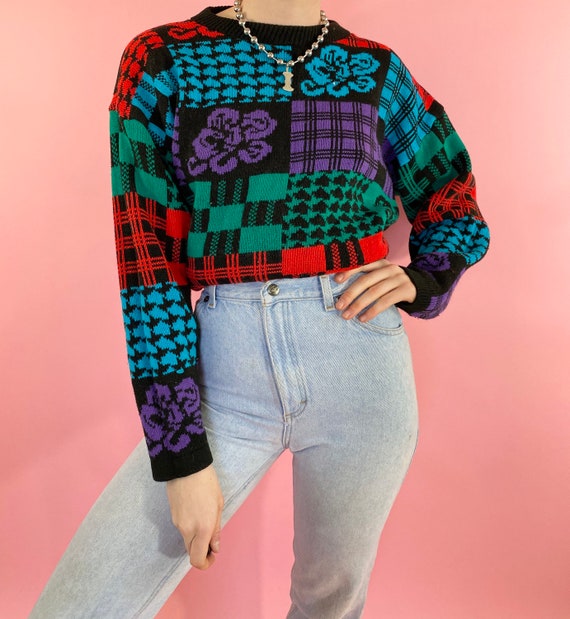 Vintage 80s 1980s Knit Black Multicolor Bright Pri