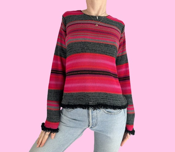 Vintage 90s Pink Black Striped Textured Sweater S… - image 3