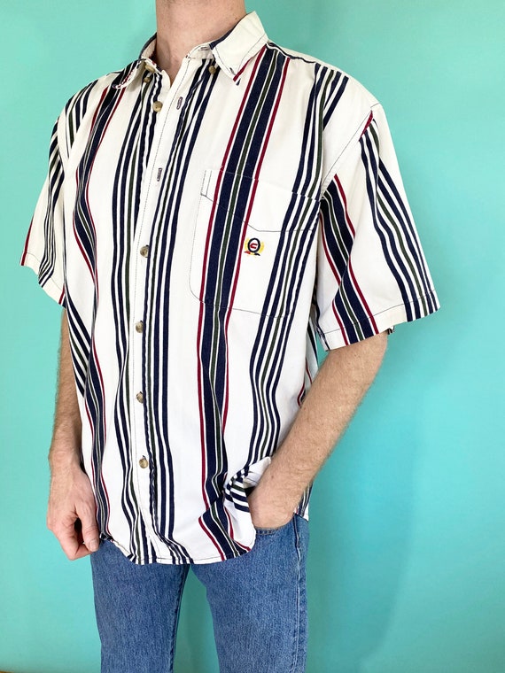 Vintage 90s 1990s Striped Multicolor White Green N