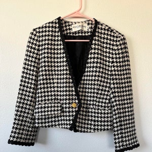 Vintage 80s Black White Wool Houndstooth Blazer Jacket Size 2