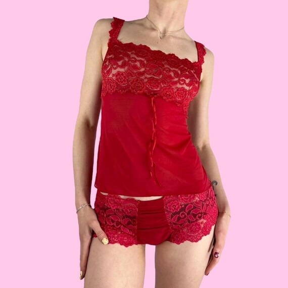 Y2K Cabernet Red Floral Lace Two Piece Cami Panty… - image 2