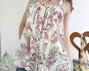 Y2K Floral Linen Blend Tank Top: Eyelet Trim, Loose Fit