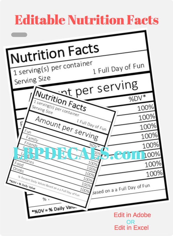 Editable Edit Simple Nutritional Facts PDF and Excel | Etsy