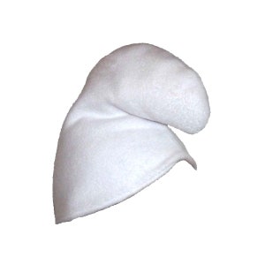 Puede incluir: Sombrero de gnomo de fieltro blanco con una parte superior puntiaguda y un borde curvo.