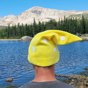 Puede incluir: Una persona con un gorro de lana amarillo con lunares blancos, de pie frente a un lago y montañas. El gorro tiene una punta puntiaguda y está tirado sobre las orejas de la persona.