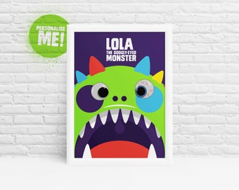 Cute monster with googly eyes custom name print by Ibbleobble® ( A3 / A4) - Ideal for kids bedroom and nursery