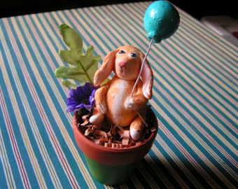 Hand Sculpted Flower Pot Bunny With Blue Balloon Figurine