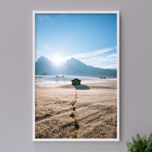 Frosty sunrise over Seiser Alm in the Italian Dolomites, the biggest Alpine meadow in Europe