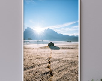 Frosty sunrise over Seiser Alm in the Italian Dolomites, the biggest Alpine meadow in Europe