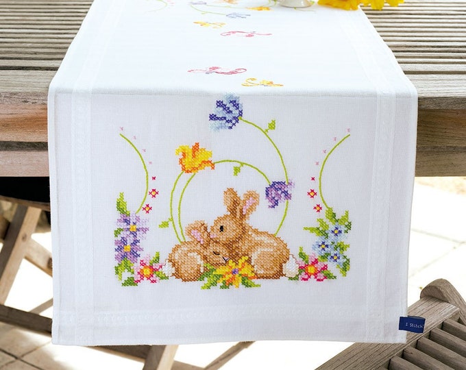Rabbits Table Runner, Easter Cross-stitch DIY Kit, Unique Embroidered ...