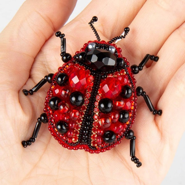 Ladybug brooch, Bead embroidery kit, DIY insect brooch, Nature jewelry making kit, Seed bead brooch, БП-318