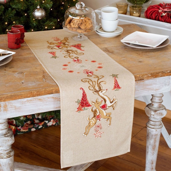 Rustic Christmas cross stitch kit, deer and a doe table runner
