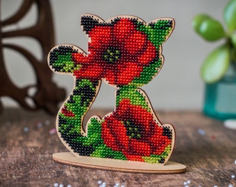DIY bead stitch kit, embroidery on wood blank cutout, beaded poppy decor, laser cut cat ornament, kids craft beadwork, nursery table decor
