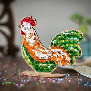 DIY eco-friendly embroidery on wood, laser cut blank rooster, kids craft pattern kit, bead stitch bird decor image 1