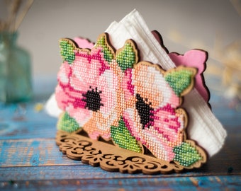 Needlework napkin holder DIY kit, pink flowers bead stitch set, floral beadwork tabletop decor, rustic home interior