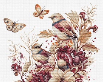 Autumn Birds and Butterflies Cross Stitch Kit. Rustic Autumn Embroidery Set