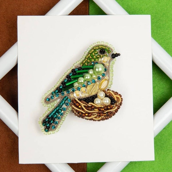 Bird pin DIY bead embroidery kit, Nature jewelry making set, Seed bead brooch adult craft kit, Brooch making, БП-314