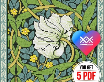 Viktorianisches Kreuzstich Stickmuster, inspiriert von William Morris Jugendstil Kreuzstichvorlage, Kissenbezug Design
