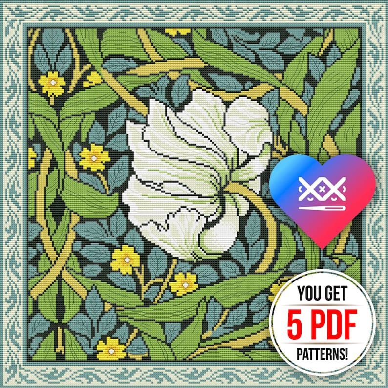 May include: Cross stitch pattern featuring a white flower with green leaves and yellow flowers on a dark blue background. The pattern is available as 5 PDF files. You get 5 PDF patterns!