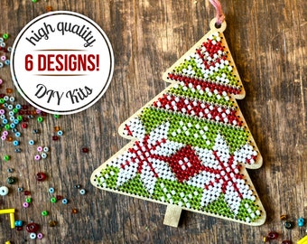 Christmas tree DIY ornaments, bead embroidery pine tree wood set, xmas kids room decor, unfinished cutouts, needlework kit, beading pattern