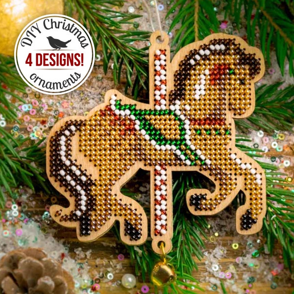 Ornement de Noël de cheval de bricolage, kit de broderie de perle, décoration d'arbre de Noël, décor à la maison d'hiver, ensemble de perles, cadeau de DIY, décor de Noël de carrousel