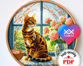 PDF Bengal Cat Cross Stitch Pattern, Cat in Flowers Embroidery Design, Cat Portrait, Spring Landscape, Pet Home Decor, DIY Gift for Mother