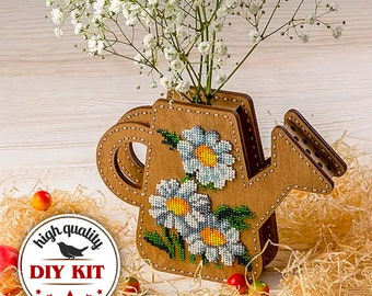 Flower Vase DIY bead embroidery on wood kit, seed beading pattern, adults sewing craft kit, floral watering can stitching, gift grandma
