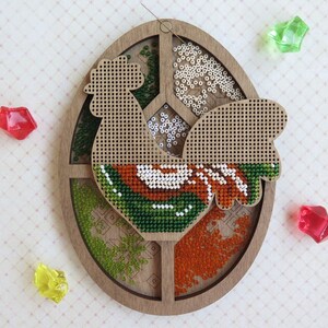 DIY eco-friendly embroidery on wood, laser cut blank rooster, kids craft pattern kit, bead stitch bird decor image 5