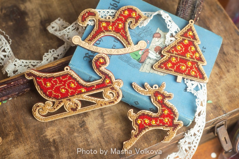 Bead embroidery DIY kit, rocking horse hanging ornament, bead stitch on wood pattern, Xmas tree decoration, unique nursery toy horse image 9