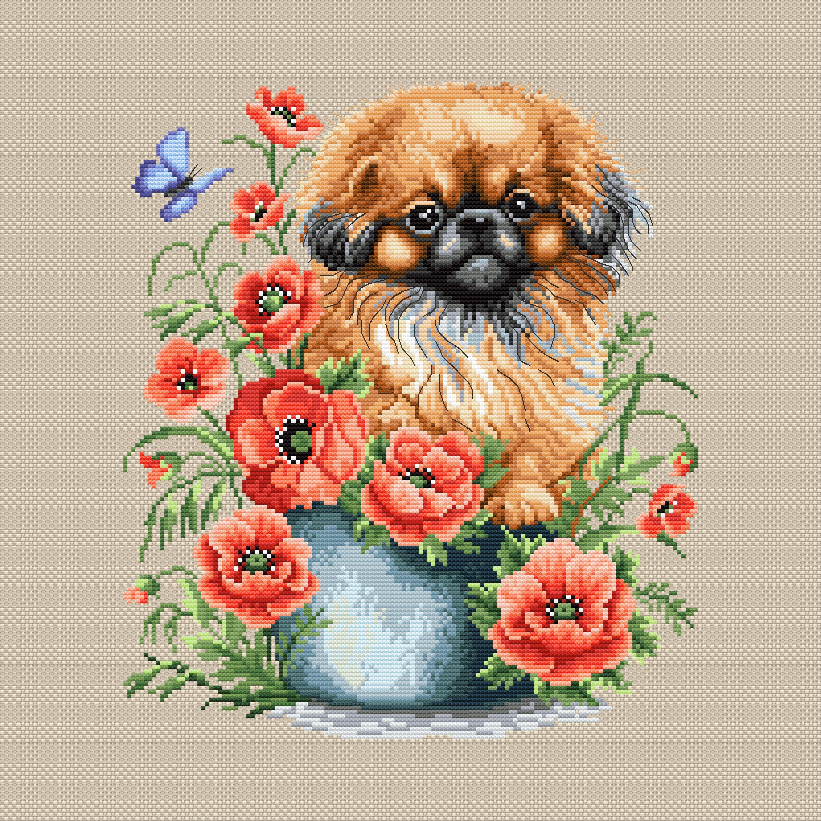 ペキニーズ PDF クロスステッチ パターン、花の中のかわいい犬の刺繍