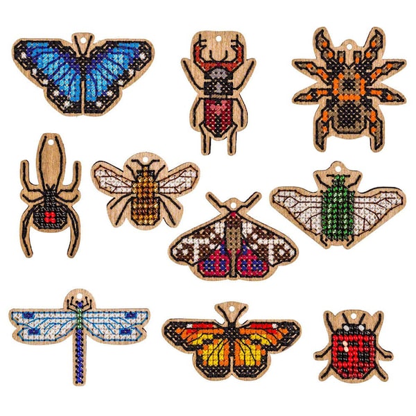 Kit de bordado DIY de insectos, recortes en blanco de madera para abalorios y punto de cruz, adornos colgantes de costura, regalo para amantes de la entomología
