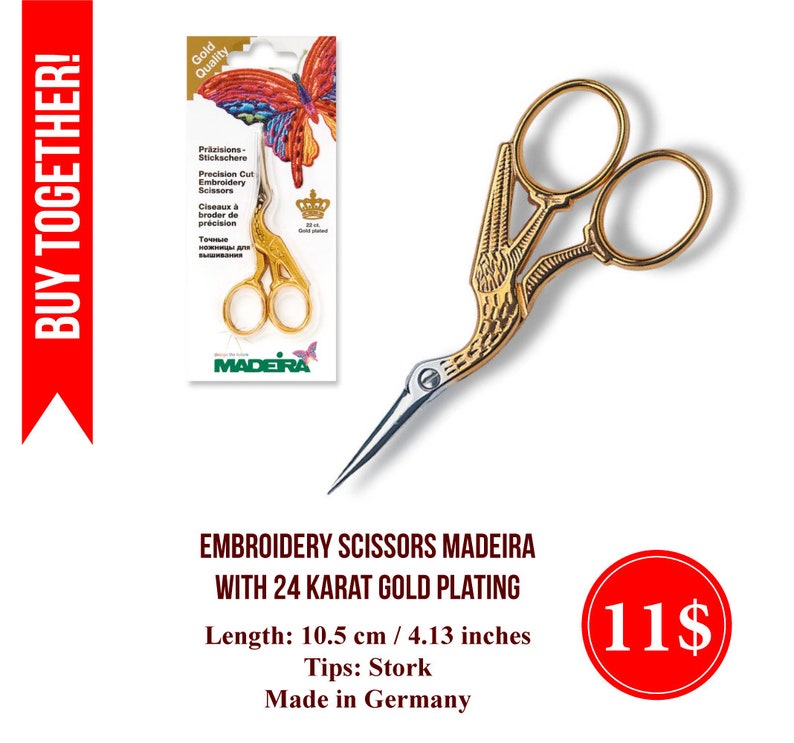 May include: Gold-plated embroidery scissors with stork-shaped tips. The scissors are 10.5 cm / 4.13 inches long and made in Germany. The product is labelled "Embroidery Scissors Madeira with 24 Karat Gold Plating".