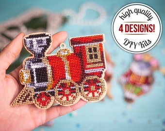 Beaded Christmas ornaments DIY craft kits, Bead embroidery on wood, Embroidered train ornament, Ornament making kit