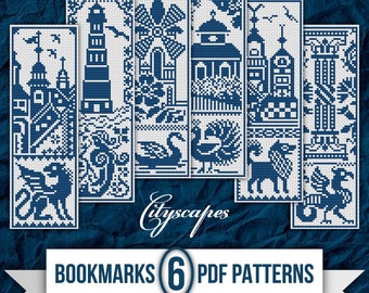 PDF Bookmarks in Antique Style Cross Stitch Pattern, Cityscape Embroidery Chart, Monochrome Embroidery in Sampler Design, Booklovers Gift