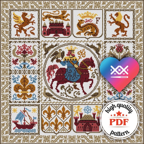 PDF Medieval Embroidery Design, King's Hunt Cross Stitch Pattern, Vintage Home Decor, Cross Stitch Gift for Hunter