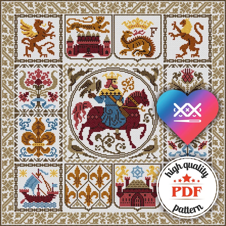 K&ouml;nnte beinhalten: Ein Kreuzstichmuster mit einer mittelalterlichen Szene mit einem Ritter zu Pferd, einem Drachen und anderen heraldischen Symbolen. Das Muster ist in einem braunen, goldenen und roten Farbschema gehalten und enth&auml;lt den Text "high quality PDF pattern".