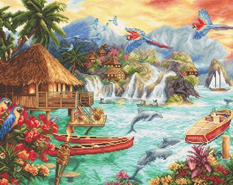 Tropical Paradise Embroidery Set. Premium Quality Cross Stitch Kit