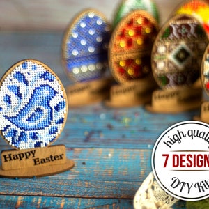 DIY kit of beaded Easter egg figurine, Seed bead embroidery on wood kit, Wooden Easter sign Needlework kit