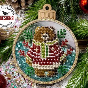 DIY Christmas ornament for bead embroidery, beadwork kit, bead stitch plastic canvas, 3D Xmas tree decoration, needlepoint tutorial