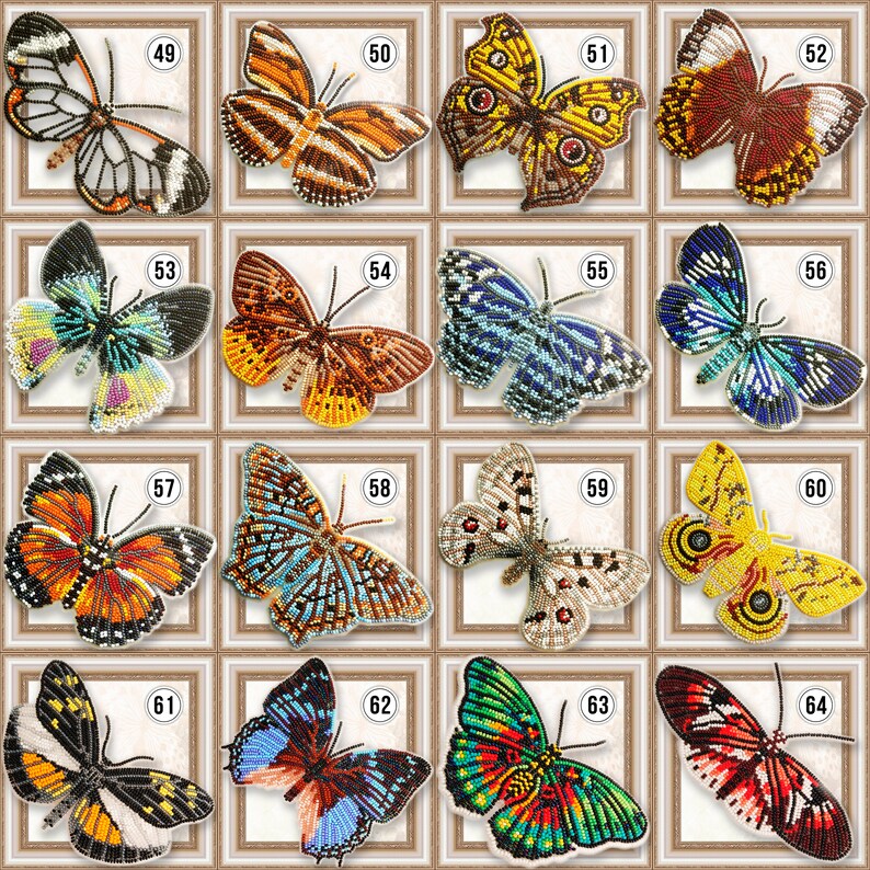 May include: A collection of 16 colorful beaded butterfly designs, each framed in a gold-colored frame. The butterflies are arranged in a grid pattern, with each butterfly numbered from 49 to 64.