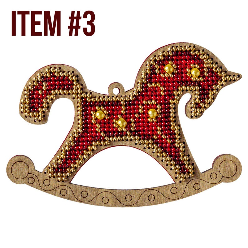 Bead embroidery DIY kit, rocking horse hanging ornament, bead stitch on wood pattern, Xmas tree decoration, unique nursery toy horse image 4