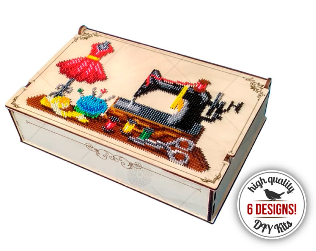 DIY Sewing Accessories Organizer, Wood Box Storage for Threads and Beads,  Bead Embroidery Kit, 6 Designs Available 
