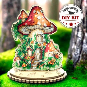 DIY Mushroom House Cross Stitch Kit, Mushroom Embroidery Design, Fall Home Decor, Gnome House Embroidery, Fall Gift for Mother