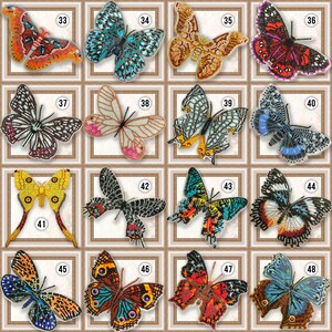 May include: A collection of 16 beaded butterfly designs, each framed in a gold-colored frame. The butterflies are all different colors and patterns, including blue, green, red, yellow, and black.