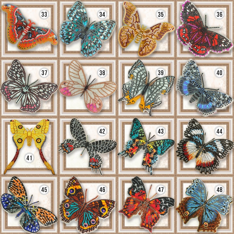 May include: A collection of 16 beaded butterfly designs, each framed in a gold-colored frame. The butterflies are all different colors and patterns, including blue, green, red, yellow, and black.