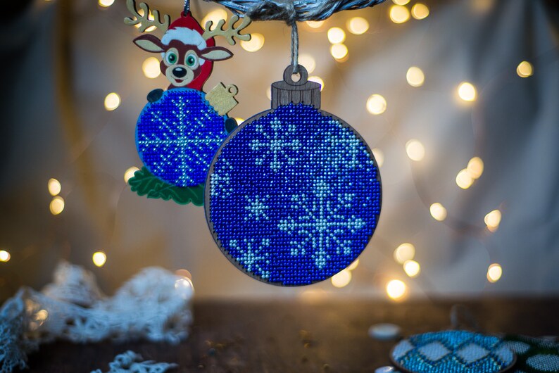 needlework craft kit bead embroidery blue bauble wood set blank cutout